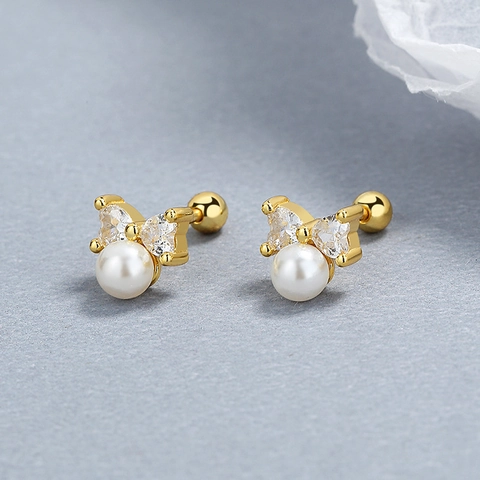Orecchini a Bottone con Fiocco in Argento Sterling 925 Con Perla Artificiale e Strass Orecchini Fiocco con Chiusura a Vite Donna