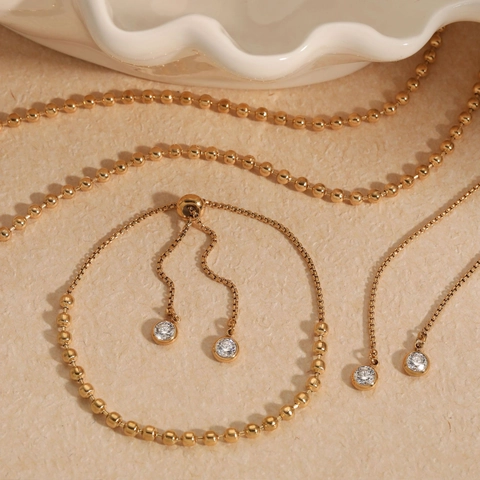 Joyas De Collar Y Pulsera De Cuentas Redondas Ajustables De Acero Inoxidable Con Dijes De Zircón Para Mujer