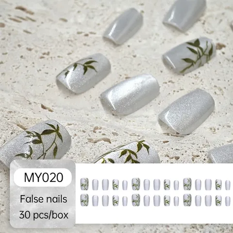 Short Press On Nails Cat Eye Silver Gray Bamboo Leaf Pattern Square Round Artificial Nail Tips For Women Elegant