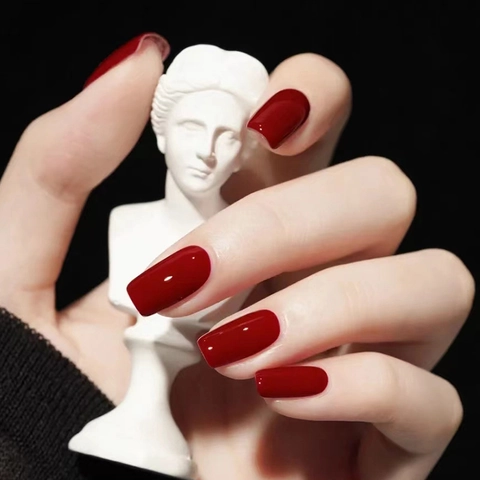 Wine Red Glossy Press On Nails European Square Medium Length Solid Color Artificial False Fingernails For Women