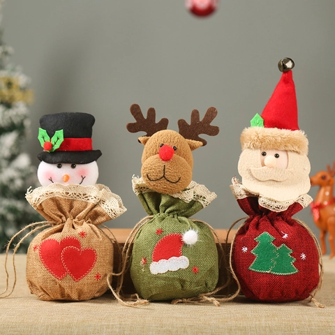 Weihnachts Geschenktüten Kordelzug Süßigkeitenbeutel Leinen 3D Puppe Weihnachtsmann Schneemann Rentier Partyzubehör Stickerei