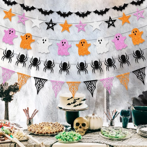 Banner Halloween Carta Luccicante Fantasma Ragno Pipistrello Stella Ghirlanda Decorazione Festa DIY Parete