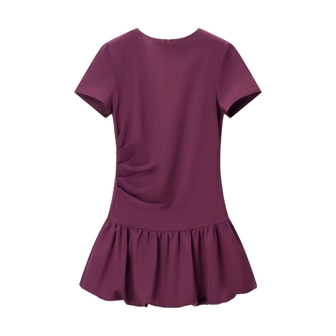 Women Round Neck Short Sleeve Mini Dress Ruched Side Bubble Hem Solid Burgundy Polyester Fashion Elegant