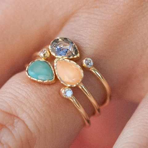 Unregelmäßiger Mehrlagiger Offener Kupferring Für Damen Tropfen Zirkonia Eingelegt Verstellbarer Geometrischer Modeschmuck