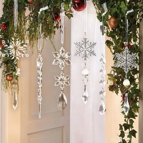 Christmas Snowflake Icicle Hanging Ornaments Acrylic Clear Crystal Look Tree Decorations Festive Party Home Holiday Decor