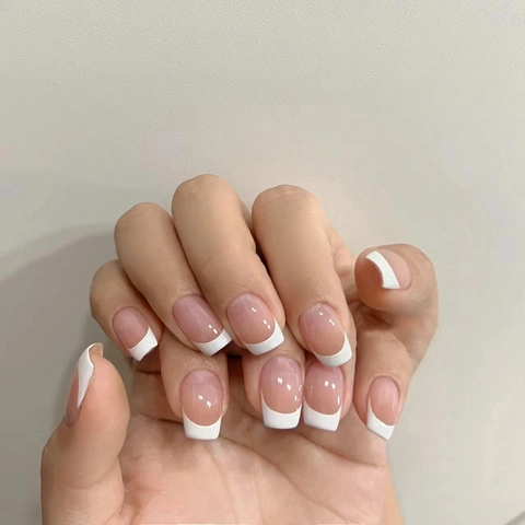 Uñas Postizas Francesas Press On Cuadradas Rosa Nude Puntas Blancas Brillantes Artificiales Extraíbles Para Mujeres