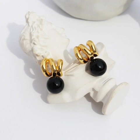 Black Agate Wave Earrings With 925 Sterling Silver Earring Post Brass Gold Plated Retro Geometric Jewelry Women