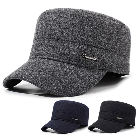 Men Winter Cadet Cap With Ear Protection Flaps Warm Woolen Flat Top Hat For Cold Weather Adjustable Fit