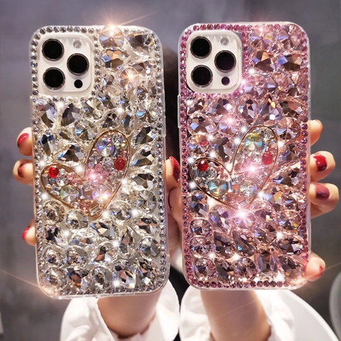Luxury Bling Rhinestone Heart Phone Case Handmade Full Crystal Diamond Protective Back Cover For Women