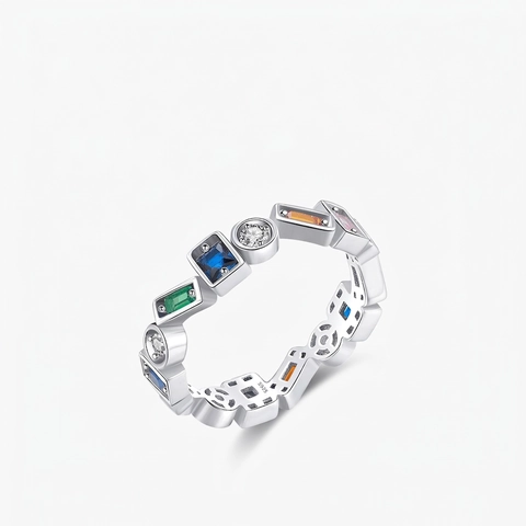 Bague Géométrique Irrégulière en Argent Sterling 925 pour Femmes Vintage Arc-en-Ciel Style Ins Zirconia Incrusté Bijoux