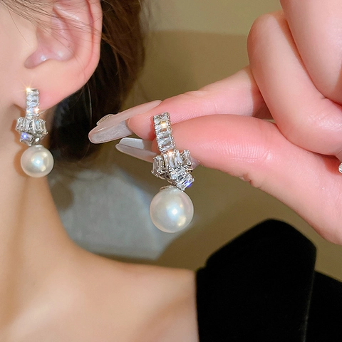Pendientes Colgantes De Nudo Circonita Con Poste De Plata De Ley 925 Perla Artificial De Imitación Geométrica Estilo Francés Mujer