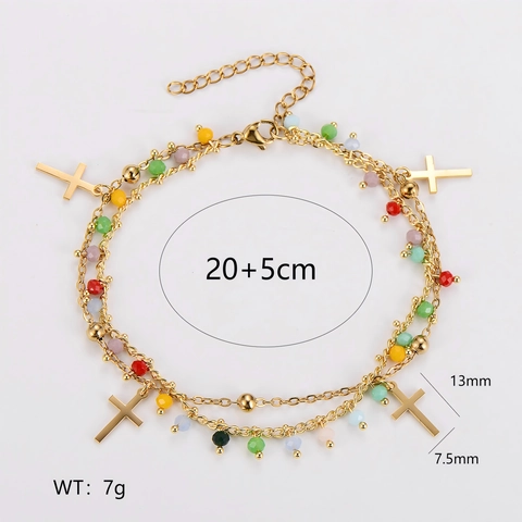 Double Layer 304 Stainless Steel Bracelet Colorful Beads Cross Pendants Adjustable Bohemian Jewelry For Women