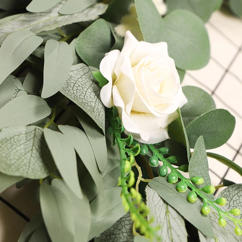 Artificial Wreath With Satin White Roses Eucalyptus Willow Leaves Plastic Frame Wall Door Decor Christmas Wedding Style