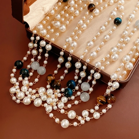 Vintage Glasperlen Und Tigerauge Stein Lange Mehrlagige Halskette Elegante Legierung Schmuck Für Frauen