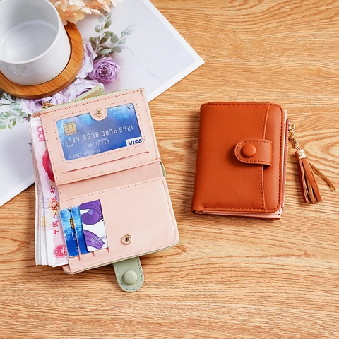 Women Short Wallet PU Leather Tassel Zipper Snap Small Coin Purse Multi Card Slots Fashion Simple