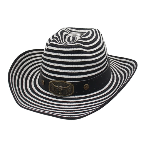 Western Cowboy Straw Hat Wide Brim Sun Protection Foldable Striped With Bull Head Metal Decor Wind Rope For Summer Beach