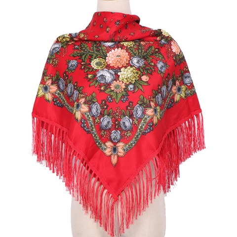 Ethnic Floral Print Square Scarf With Tassels Polyester Shawl Bohemian Headscarf Retro Style For Women