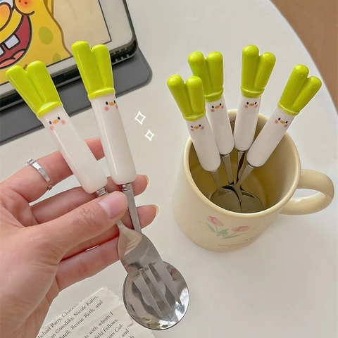 Couverts Mignons Oignon Vert Acier Inoxydable Manche Céramique Cuillère Et Fourchette Portables