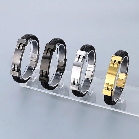 Herren Geflochtenes Lederarmband Edelstahl Magnetverschluss Retro Punk Biker Hip Hop Schmuck