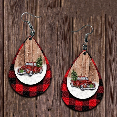 Teardrop Earrings PU Leather Double Layer Buffalo Plaid Red Truck Christmas Tree Festive Western Holiday Jewelry For Women