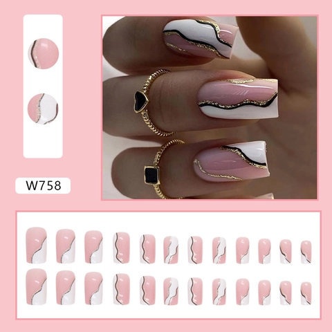 Press On Nails White Marble Wave Pattern Black Lines Gold Glitter Elegant European Square Shape Detachable Fake Nails