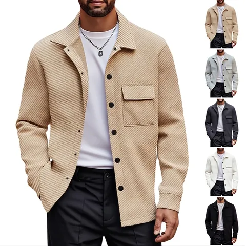 Chaqueta Camisa De Hombre Manga Larga Sarga Pesada Solapa Botones Mezcla De Poliester Color Solido Ajustado