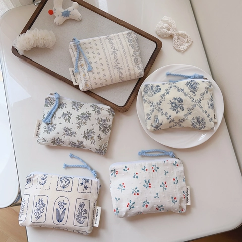 Mini Floral Cotton Canvas Coin Purse Zipper Storage Pouch For Earphone Lipstick Portable Fresh Style Women