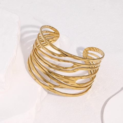 Brazalete Abierto Ancho Acero Inoxidable Martillado Irregular Hueco Geométrico Joyería Moda Mujeres Hombres