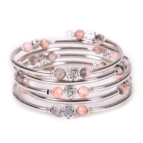 Bohemian Multi Layer Wrap Bracelet Natural Stone Beads Alloy Rose Flower Spiral Bangle Vintage Jewelry For Women