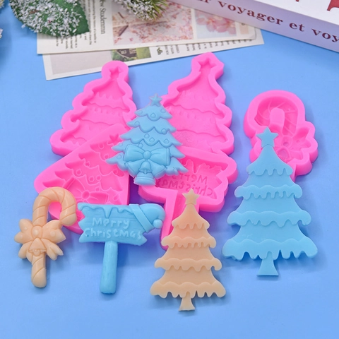Christmas Tree Candy Cane Merry Christmas Sign Silicone Mold DIY Baking Fondant Cake Chocolate Pink Decorative Tool