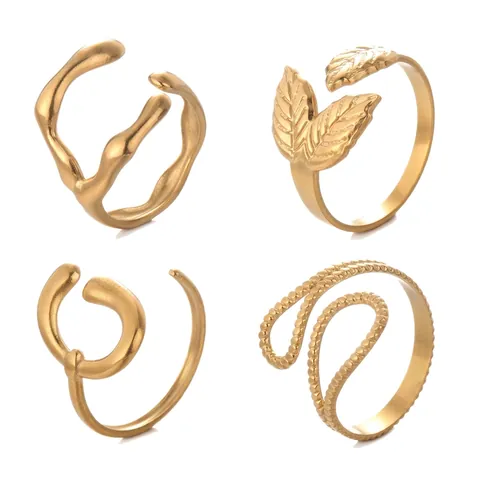 Minimalist Stainless Steel Open Ring For Women 14K Gold Plated Geometric C-Shape Adjustable Leaf Lava Texture Finger Ring Jewelry