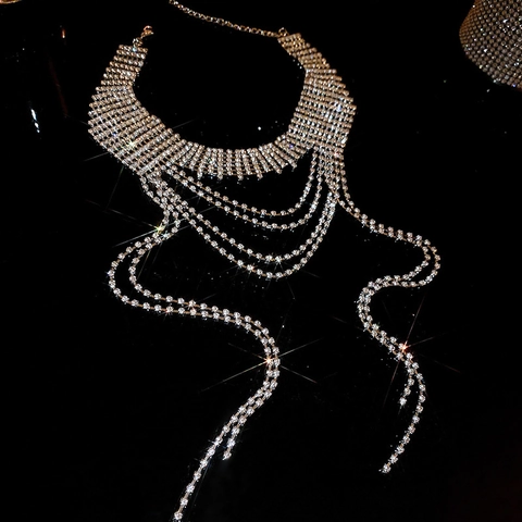 Collier Ras Du Cou À Franges Multi Couches En Cuivre Avec Strass Brillants Bijoux De Fête Pour Femmes
