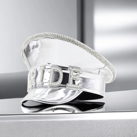 Shiny Mirror PU Leather Captain Hat With Artificial Pearls Rhinestones Bachelorette Party Wedding Bridal Festival Military Style