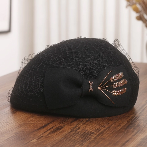 Berretto In Lana Vintage Francese Velo In Rete Grande Fiocco Cristallo Grano Fascinator Elegante Donna Autunno Inverno