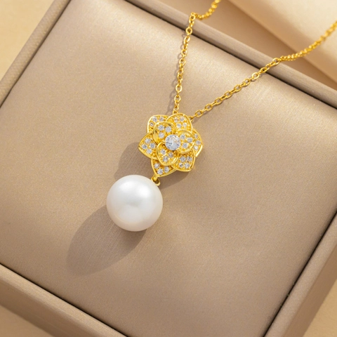 Collana Con Ciondolo Fiore Rosa Per Donna Acciaio Al Titanio Zircone Perla Artificial Imitazione Gioielli Eleganti