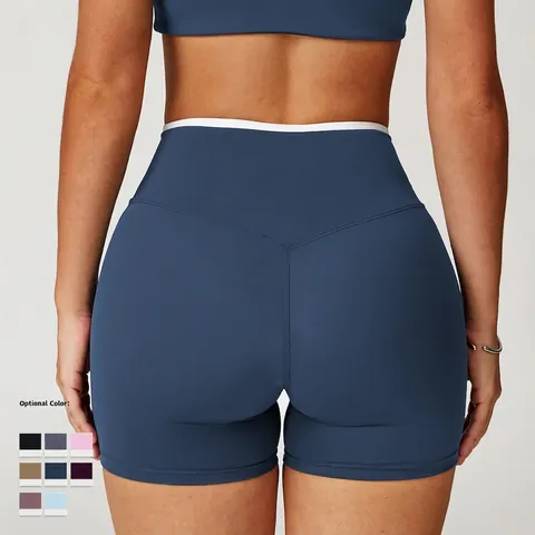 Yoga Shorts High Waist Crossover Waistband Contrast Trim Naked Feel Peach Lift Fitness Workout Bottoms Women