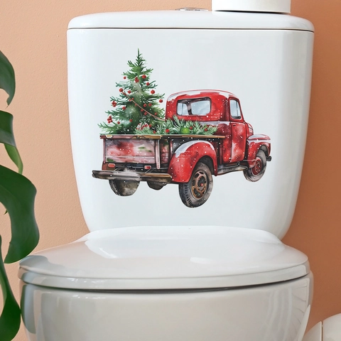 Kerst Toilet Sticker PVC Verwijderbaar Rode Vintage Vrachtwagen Kerstboom Badkamer Decoratie Feest Home Decor Aquarel Stijl