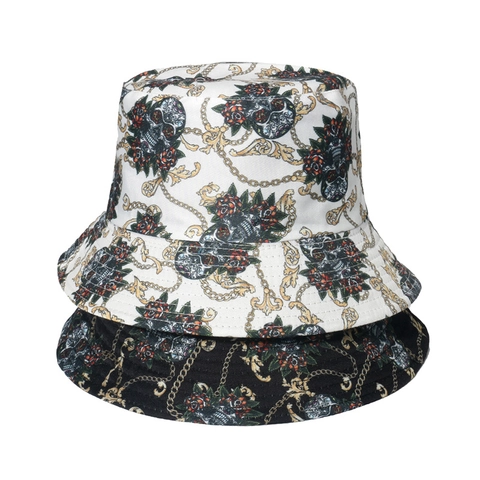 Hip Hop Punk Bucket Hat Polyester Streetwear Gothic Skull Rose Print Chain Graffiti Sun Shade For Men Women Unisex