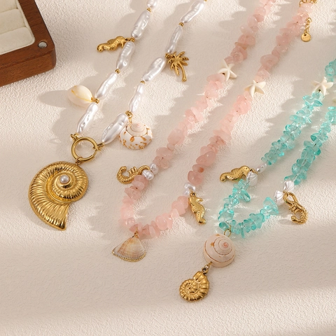 Stainless Steel Natural Stone Beaded Necklace With Shell Seahorse Pendants Beach Vacation Style Bohemian Jewelry For Women