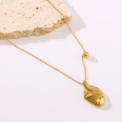 Stainless Steel Necklace 18K Gold Plated Irregular Molten Organic Pendant With Small Gold Bead Minimalist For Women