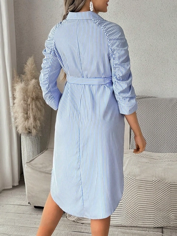 Gestreepte Positie-Jurk Overhemdjurk Knoopsluiting Revers Lange Mouwen Met Riem Casual Zwangerschapsjurk Midi Polyester Dames
