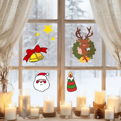 Christmas Window Stickers PVC Static Cling Santa Claus Reindeer Bell Star Decals For Home Holiday Decoration