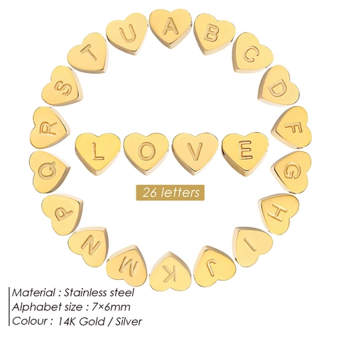 Stainless Steel Initial Letter Heart Charms For DIY Jewelry Making Gold Silver Alphabet Heart Shaped Beads For Necklaces Bracelets Accessories