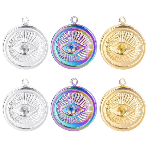 Colgante Redondo Mal de Ojo Acero Inoxidable Colorido Amuleto Geométrico Retro DIY Bisutería Unisex Accesorio