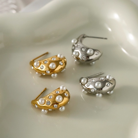 Pendientes De Botón De Gota De Acero Inoxidable Con Chapado En Oro De 18K Perla Artificial De Imitación Y Circonita Impermeable