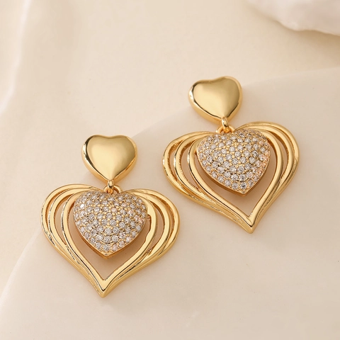 Heart Drop Earrings Gold Plated Copper With Zircon Double Layer Sparkling Dangle Jewelry For Women INS Style Luxury