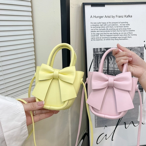 Kids Mini Bow Crossbody Bag PU Leather Top Handle Handbag Fashion Shoulder Bag For Girls