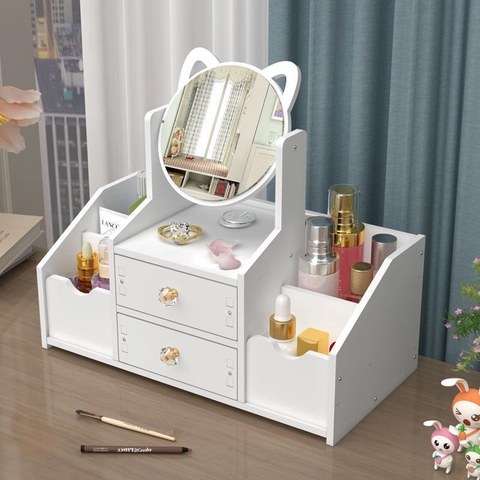 Desktop Makeup Organizer With Mirror PVC Wood Plastic Board Drawers Cosmetics Storage Box Dressing Table Jewelry Shelf