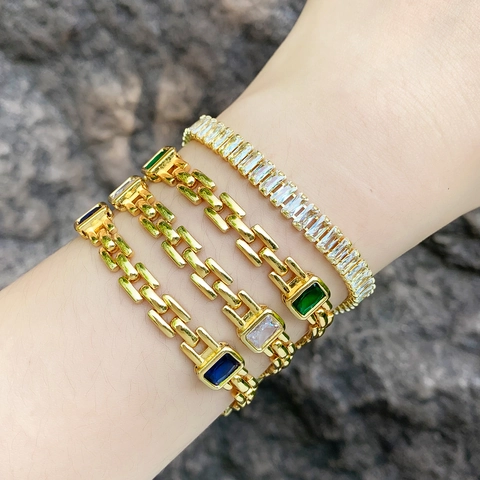 Rechteckiges Zirkon Armband Kupfer Vergoldet Geometrische Gliederkette Mode Elegant Damen Punk Hip Hop Schmuck Geschenk