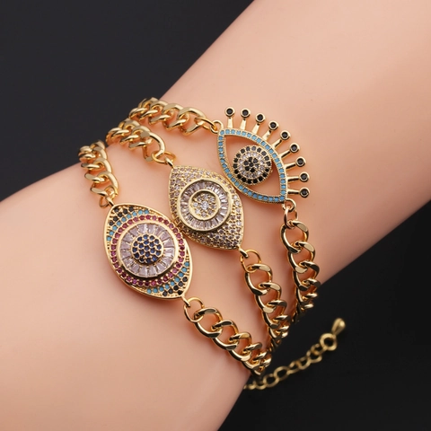 Bracciale Con Ciondolo Malocchio Da Donna Rame Placcato Oro Con Zirconia Cubica Colorata Catena Adjustable Gioielli Bohemian